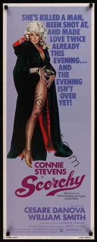 4h255 SCORCHY insert '76 full-length art of sexiest barely-dressed Connie Stevens in black cape!