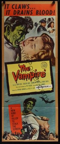 4h324 VAMPIRE insert '57 John Beal, it claws, it drains blood, cool art of monster & victim!