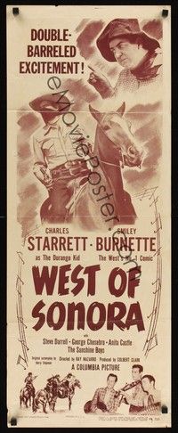4h335 WEST OF SONORA insert '48 Charles Starrett as The Durango Kid w/wacky Smiley Burnette!