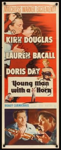 4h352 YOUNG MAN WITH A HORN insert '50 jazz man Kirk Douglas kisses sexy Lauren Bacall + Doris Day