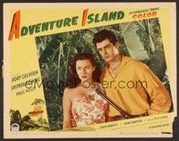 4k023 ADVENTURE ISLAND LC #4 '47 close up of Rory Calhoun with gun & Rhonda Fleming in sarong!