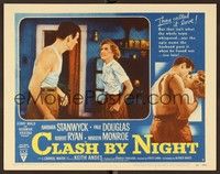 4k117 CLASH BY NIGHT LC #7 '52 Fritz Lang, close up of Barbara Stanwyck & Robert Ryan arguing!
