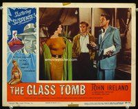 4k249 GLASS TOMB LC #8 '55 Valerie Vernon opens her coat so that John Ireland can admire her!