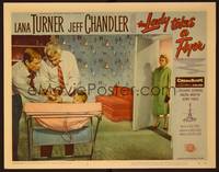 4k358 LADY TAKES A FLYER LC #3 '58 Lana Turner watches Jeff Chandler take care of their baby!