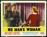 4k421 NO MAN'S WOMAN LC #4 '55 John Archer with gun grabs pretty Nancy Gates by the arm!