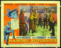 4k481 RANCHO NOTORIOUS LC #2 '52 Marlene Dietrich tries to protect Mel Ferrer, Fritz Lang!