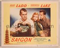 4k498 SAIGON LC #3 '48 sexy Veronica Lake in leopardskin watching Alan Ladd with lots of cash!