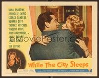 4k584 WHILE THE CITY SLEEPS LC #8 '56 Fritz Lang, Dana Andrews about to kiss Rhonda Fleming!