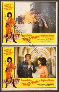 4m697 FRIDAY FOSTER 2 LCs '76 sexiest Pam Grier, Yaphet Kotto punches Carl Weathers!