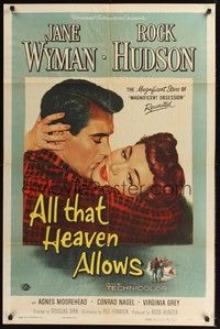 4r025 ALL THAT HEAVEN ALLOWS 1sh '55 close up romantic art of Rock Hudson kissing Jane Wyman!