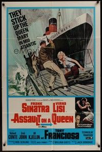 4r056 ASSAULT ON A QUEEN 1sh '66 art of Frank Sinatra w/pistol & sexy Virna Lisi on submarine deck!