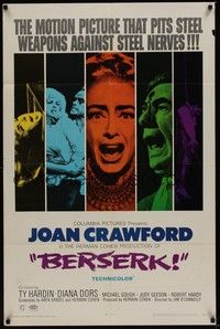 4r090 BERSERK 1sh '67 crazy Joan Crawford, sexy Diana Dors, pits steel weapons vs steel nerves!