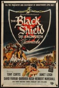 4r115 BLACK SHIELD OF FALWORTH 1sh '54 art of Tony Curtis & Janet Leigh by Reynold Brown!