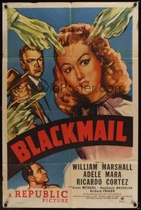 4r121 BLACKMAIL 1sh '47 cool film noir art of green hands pointing at Adele Mara!