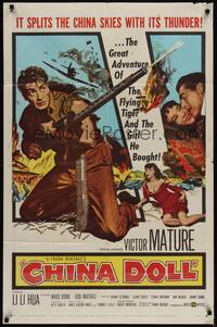 4r185 CHINA DOLL 1sh '58 cool art of Flying Tiger Victor Mature with huge machine gun!