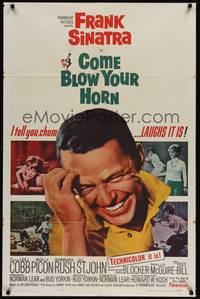 4r201 COME BLOW YOUR HORN 1sh '63 close up of laughing Frank Sinatra, from Neil Simon's play!