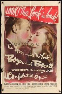 4r206 CONFIDENTIAL AGENT 1sh '45 romantic close-up of Charles Boyer kissing Lauren Bacall!