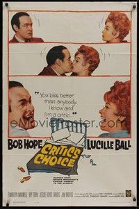 4r221 CRITIC'S CHOICE 1sh '63 Bob Hope kisses Lucille Ball, great images!