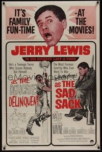 4r232 DELICATE DELINQUENT/SAD SACK 1sh '62 Jerry Lewis double-bill, his biggest laff-a-thon!