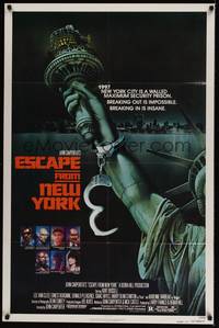4r280 ESCAPE FROM NEW YORK advance 1sh '81 John Carpenter, art of handcuffed Lady Liberty by Watts!