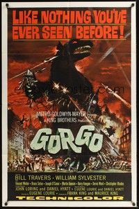 4r370 GORGO 1sh '61 great artwork of giant monster terrorizing city by Joseph Smith!