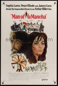 4r615 MAN OF LA MANCHA int'l Loren 1sh '72 Peter O'Toole, Sophia Loren, cool Ted CoConis art!