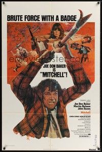 4r658 MITCHELL 1sh '75 art of Joe Don Baker in title role w/pike & sexy Linda Evans!