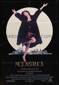4r665 MOONSTRUCK 1sh '87 Nicholas Cage, Olympia Dukakis, Cher in front of NYC skyline!