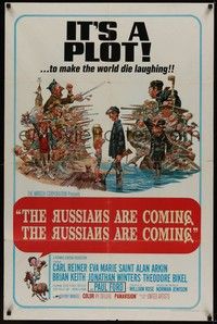 4r819 RUSSIANS ARE COMING 1sh '66 Carl Reiner, great Jack Davis art of Russians vs Americans!
