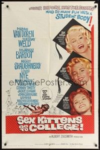 4r829 SEX KITTENS GO TO COLLEGE 1sh '60 sexy art of Van Doren, Tuesday Weld & Bardot's sister!