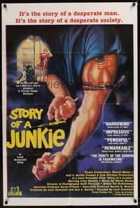 4r879 STORY OF A JUNKIE 1sh '84 great Zimic drug artwork of broken needle in arm!