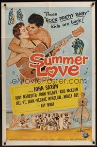 4r888 SUMMER LOVE 1sh '58 very young John Saxon plays guitar with pretty girl on beach!