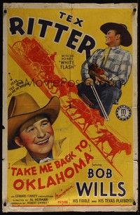4r901 TAKE ME BACK TO OKLAHOMA 1sh '40 great stone litho of Tex Ritter and fiddling Bob Wills!