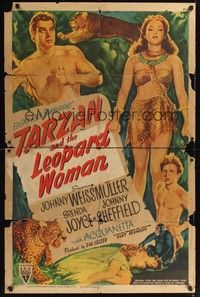 4r904 TARZAN & THE LEOPARD WOMAN style A 1sh R50 art of Johnny Weissmuller & Acquanetta!