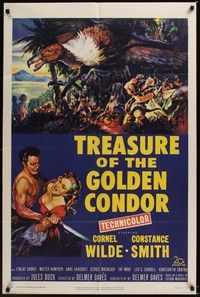 4r941 TREASURE OF THE GOLDEN CONDOR 1sh '53 art of Cornel Wilde grabbing girl & attacked by snake!
