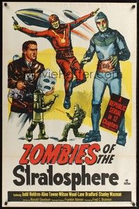 4r999 ZOMBIES OF THE STRATOSPHERE 1sh '52 Republic serial, great art of aliens with guns!