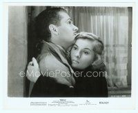 4s449 REBECCA 8x10 still R56 Hitchcock, c/u of Laurence Olivier holding confused Joan Fontaine!
