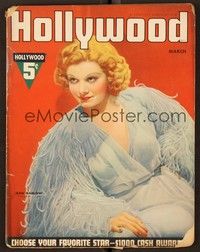 4t093 HOLLYWOOD magazine March 1937 great portrait of Jean Harlow in wild feathered outfit!