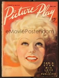 4t067 PICTURE PLAY magazine April 1936 best art of sexy Jean Harlow by Tatiana Fall!