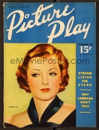 4t075 PICTURE PLAY magazine February 1938 art of sexy Myrna Loy by A. Redmond!