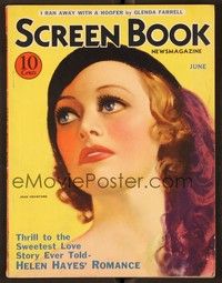4t097 SCREEN BOOK magazine June 1933 fantastic art of Joan Crawford in feathered hat!