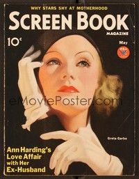 4t099 SCREEN BOOK magazine May 1934 wonderful artwork portrait of Greta Garbo wearing all black!