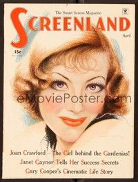 4t107 SCREENLAND magazine April 1935 wonderful art of Joan Crawford by Charles Sheldon!