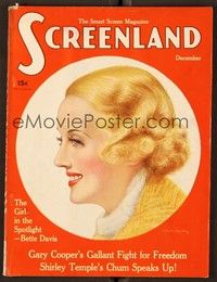 4t108 SCREENLAND magazine December 1935 profile art portrait of Bette Davis by Charles Sheldon!