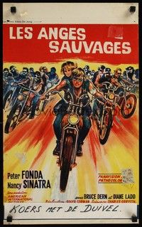 4v497 WILD ANGELS Belgian '66 great art of biker Peter Fonda & sexy Nancy Sinatra on motorcycle!