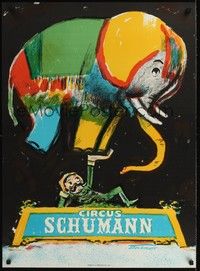 4v545 CIRCUS SCHUMANN Danish '60s strange Stockmarr artwork of colorful elephant!