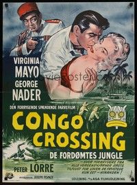 4v549 CONGO CROSSING Danish '56 Wenzel art of Peter Lorre pointing gun at Virginia Mayo & Nader!