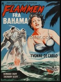 4v578 FLAME OF THE ISLANDS Danish '57 Wenzel artwork of sexy Yvonne De Carlo & fistfight!