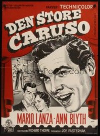 4v589 GREAT CARUSO Danish '55 huge close up headshot artwork of Mario Lanza, + Ann Blyth!