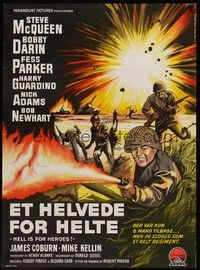 4v597 HELL IS FOR HEROES Danish '63 cool different WWII artwork by Wenzel!